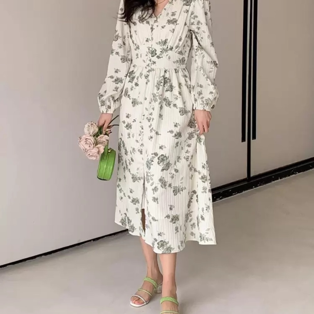 Floral Green and White Dress